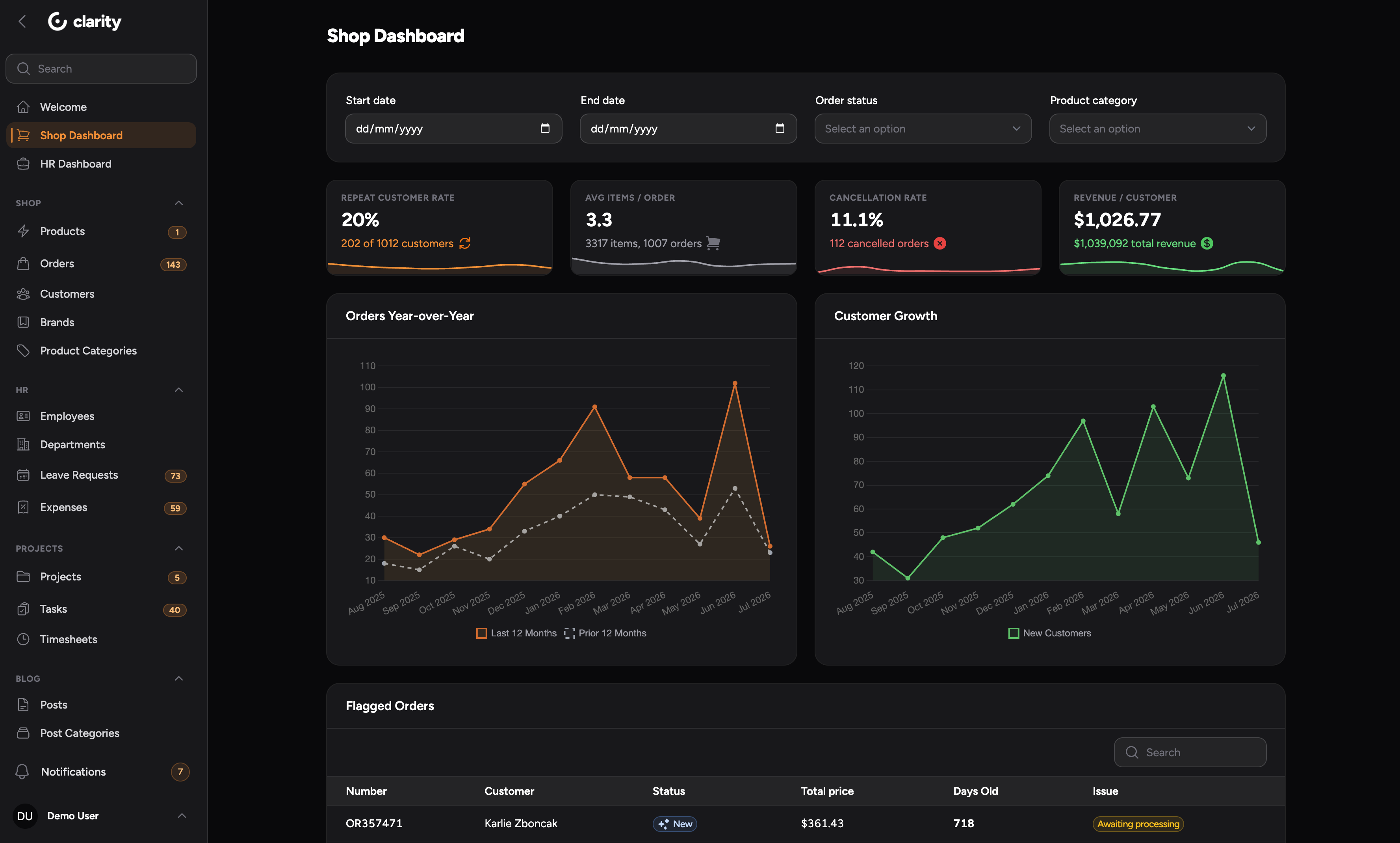 Clarity dashboard in dark mode
