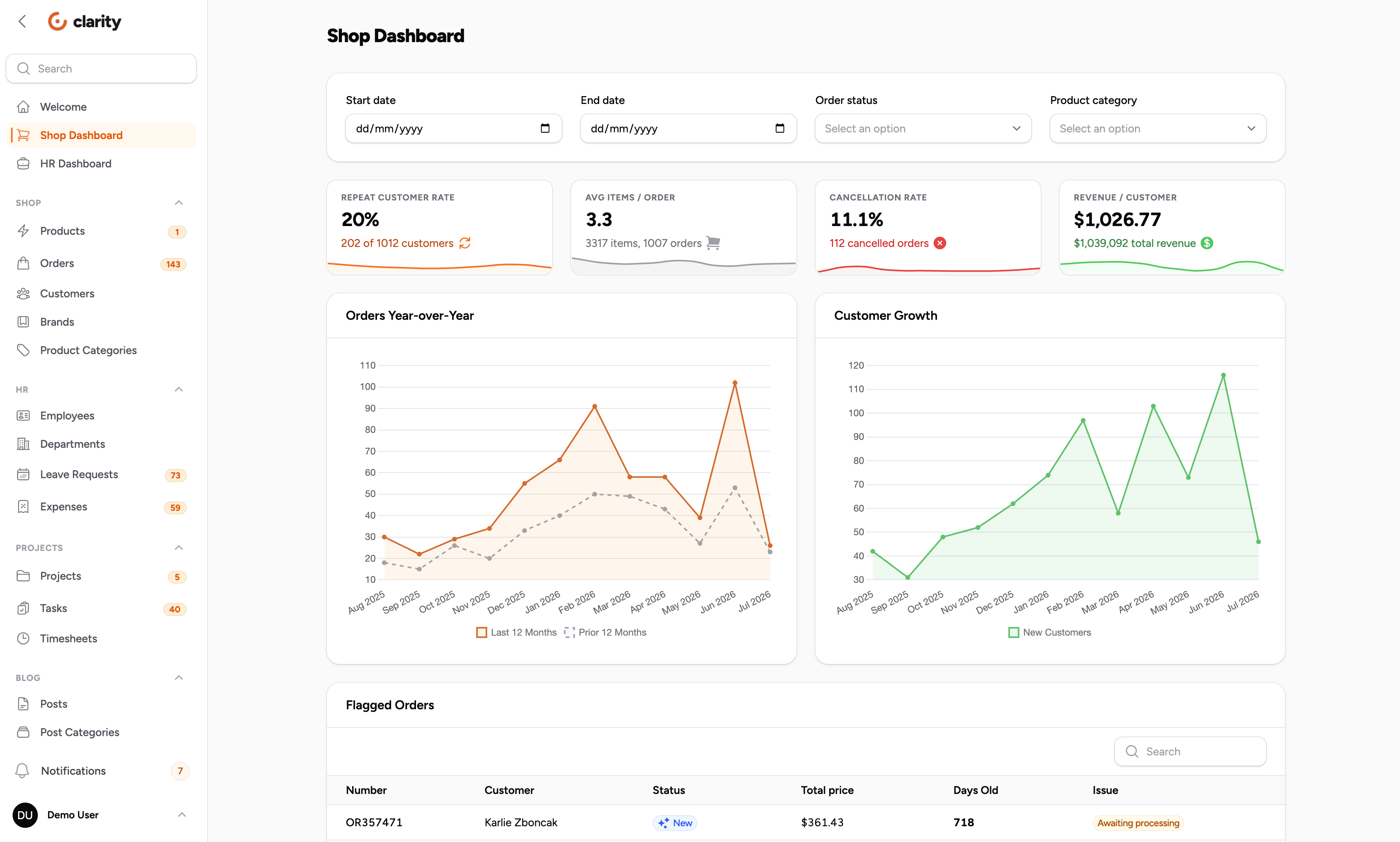 Clarity dashboard in light mode