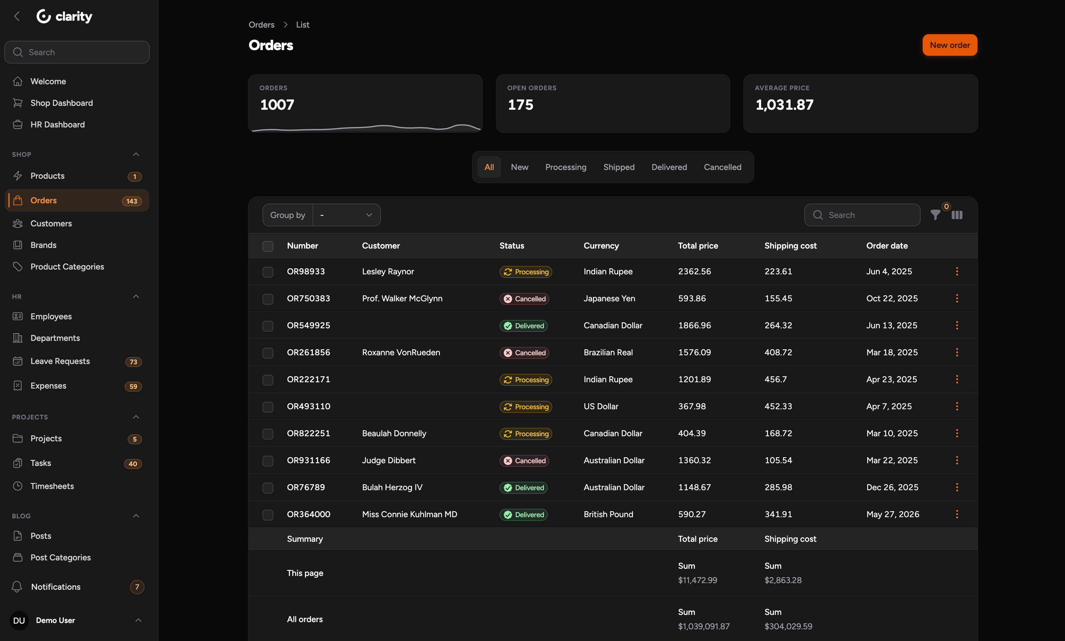 Clarity table in dark mode